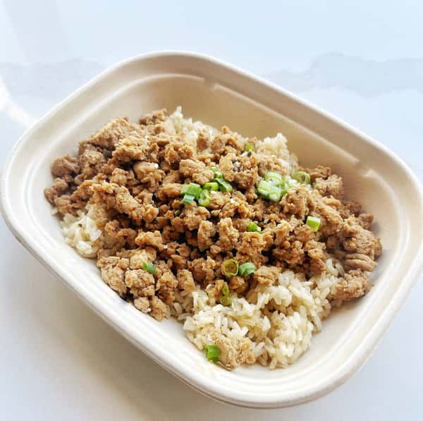 Natural ground turkey seasoned with house teriyaki sauce over steamed and seasoned cauliflower rice