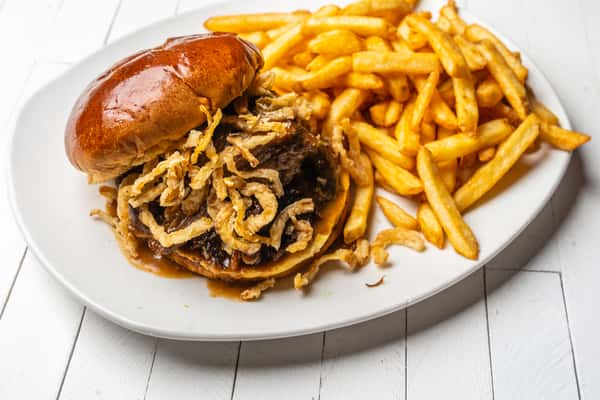 Barbeque sandwich and Fries