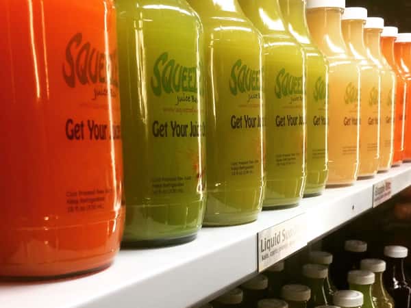 An assortment of Squeezed! juices, smoothies