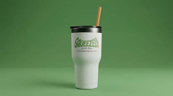 Squeezed Juice Bar reusable tumbler with straw on a clean green background, minimalist drinkware for smoothies and juices