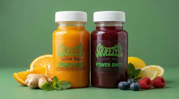 Fresh cold-pressed juice shots with ginger, citrus, and mint on a wooden table.
