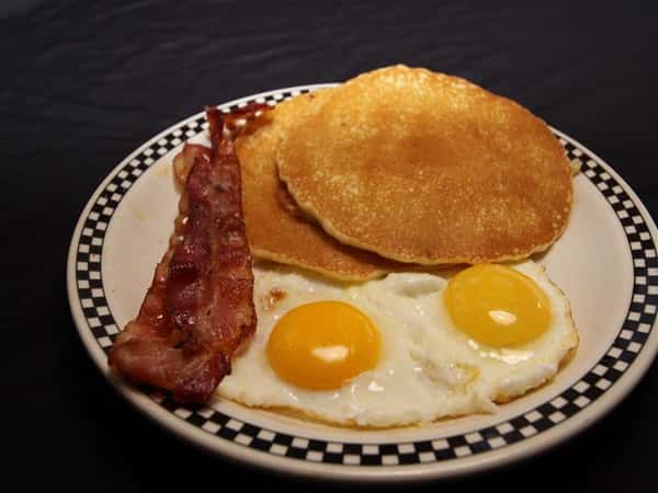 Pancake, eggs, and bacon