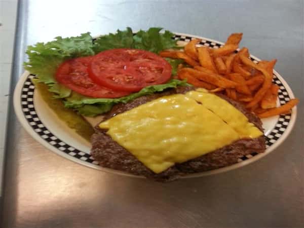 Beef, cheese, sweet potato fries, lettuce, and tomato