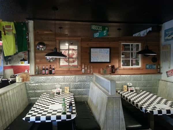 Checkered dining tables with street sign decorations hanging above