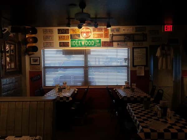 Dining area with license plates decorations on the wall