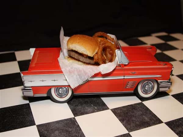Slider and onion rings in a car