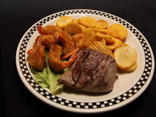 Steak, Shrimp, and chips