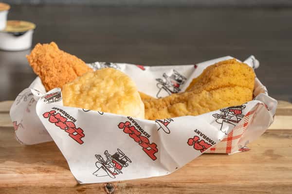 Texas Tom's two-piece crispy fish fillet meal served with a warm biscuit