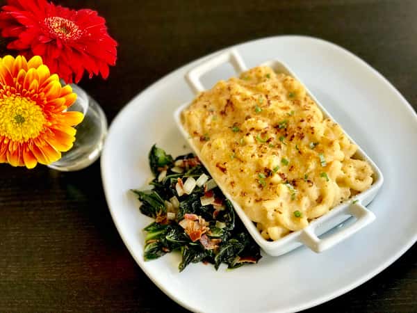 Mac 'n Cheese w/ Smoked Bacon Collard Greens
