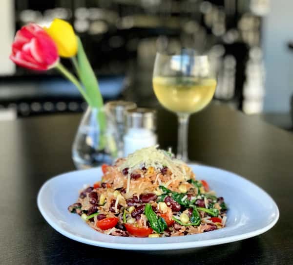 Red Beans & Rice Vegetarian Style w/ Roasted Shallots, Tomatoes, Corn, Sauteed Spinach & Parmesan