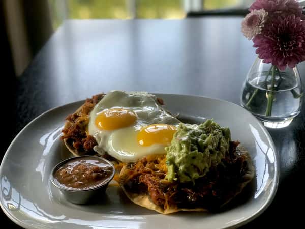 Huevos Rancheros w/ BBQ Pulled Pork, Chili Style Black Beans, Cheddar Cheese, Avocado & Fried Eggs