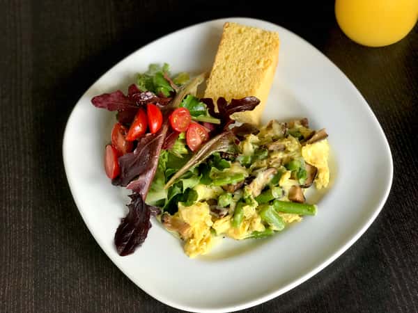 Wild Mushroom, Asparagus, Black Truffle Cheese Scramble w/ Baby Greens & Whole Wheat Sourdough Toast