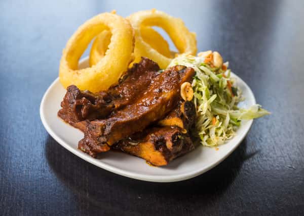 Bloody Mary Braised BBQ Ribs w/ Fried Onion Rings & Sesame Peanut Coleslaw