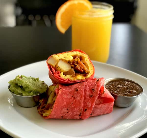 Breakfast Wrap w/ Smoked Bacon, Cheddar Cheese,  Potato Scrambled Eggs & Avocado Salsa