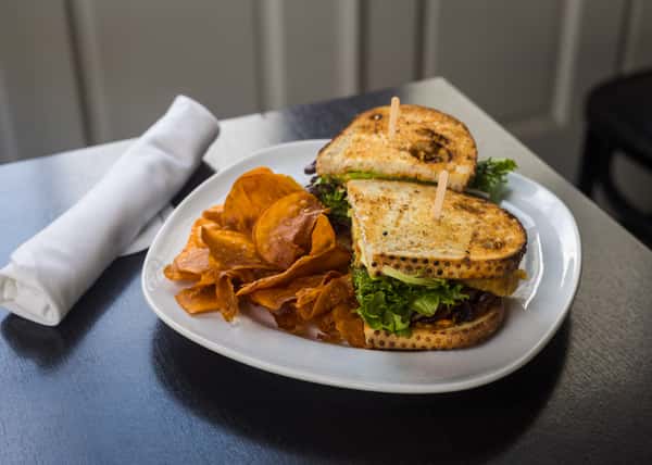Organic Turkey, Fried Green Tomato, Bacon & Avocado Club Sandwich w/ Housemade Potato Chips