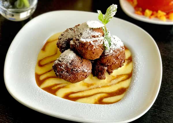 Cinnamon Apple Beignets w/ Crème Anglaise & Homemade Caramel