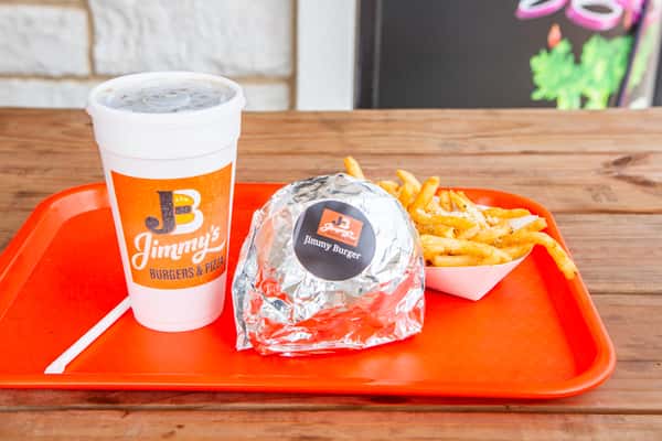 Jimmy's burger combo with fries and a drink at Jimmy's Burgers & Pizza in Hurst, TX