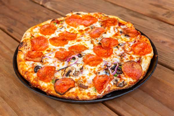 Supreme pizza loaded with pepperoni, sausage, vegetables, and melted cheese at Jimmy's Burgers & Pizza