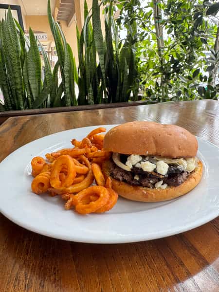 Saucy burger with a side of rings