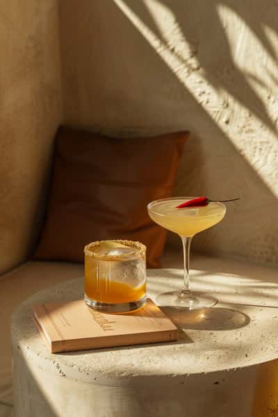 Two small cocktail glasses sitting on a table
