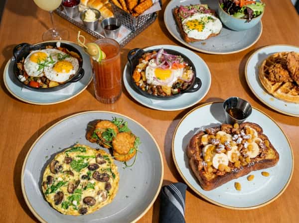 Brunch dishes on a table