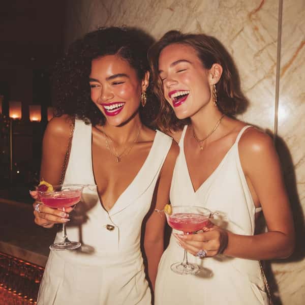 Tow women laughing while holding drinks