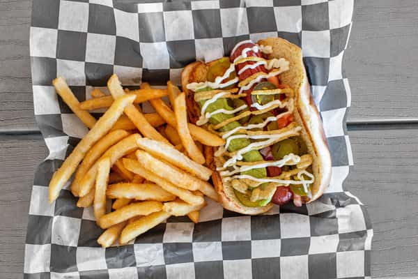 Diced Tomato, Onion, mustard, mayo, jalapeno and gaucamole with side choice.