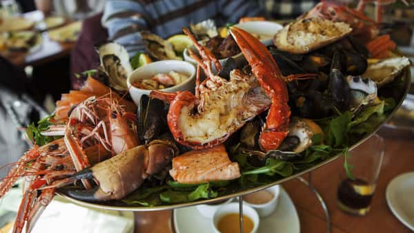 A generous seafood platter is piled high with fresh lobster, crab legs, clams, and mussels, all beautifully arranged over a bed of greens. Served with melted butter and dipping sauces on the side, the dish captures the essence of a classic New England seafood feast—rich, abundant, and perfect for sharing.