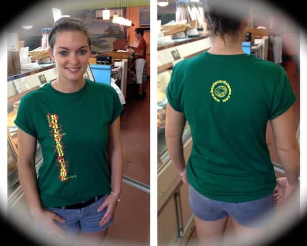 girl posing with a boulevard clams t-shirt