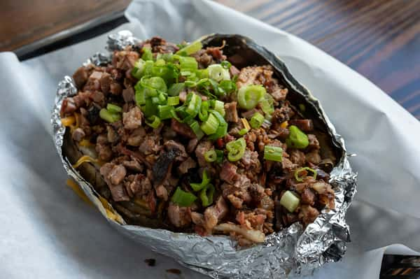 Brisket Baked Potato Food Rays Real Pit BBQ Shack Barbecue Restaurant in Houston, TX