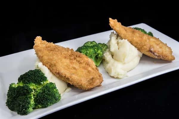 chicken cordon bleu with broccoli and mashed potatoes