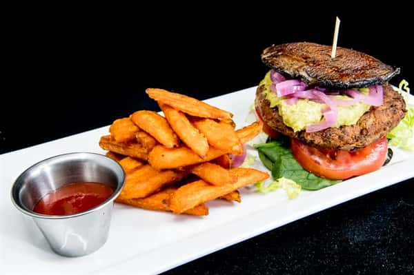 veggie burger with fries
