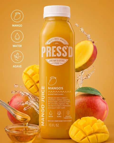 Meet your new go-to sip: Mango Juice 🥭 Blended with luscious ripe mangoes, crisp water, and a swirl of golden agave, it's smooth, juicy, and naturally sweet with that pure-sunshine kind of refreshment. Stop by PRESS'D Juice Bar & Kitchen and taste the mini-vacation for yourself. ☀️

#MangoJuice #PressedJuiceBar #FreshSip #JuiceLovers