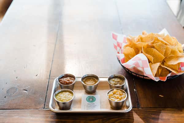 Chips and a Flight of Five Salsas
