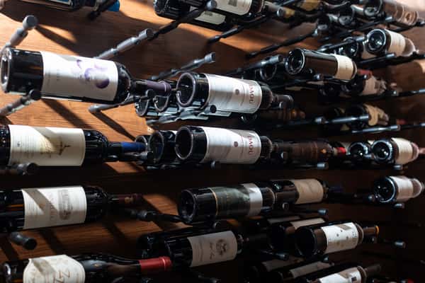 Wine bottles on a rack