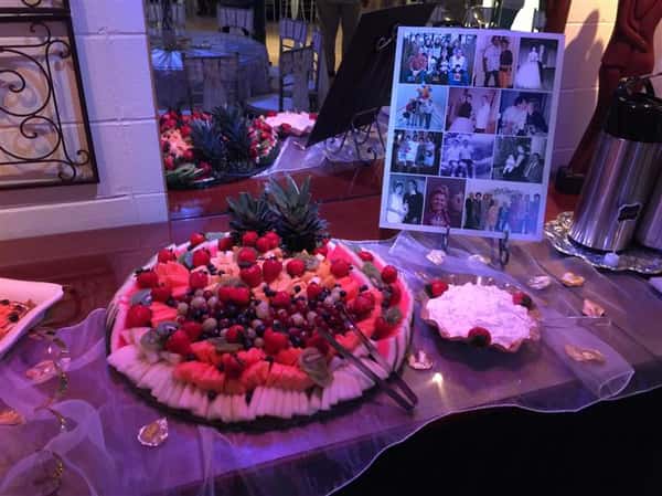 An interior buffet with a fruit tray