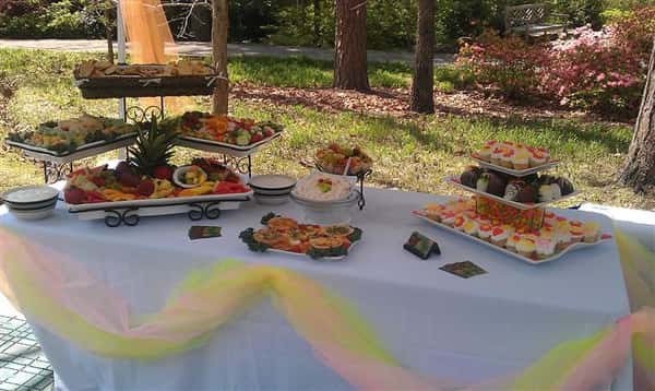 An outdoor shot of a decorated buffet