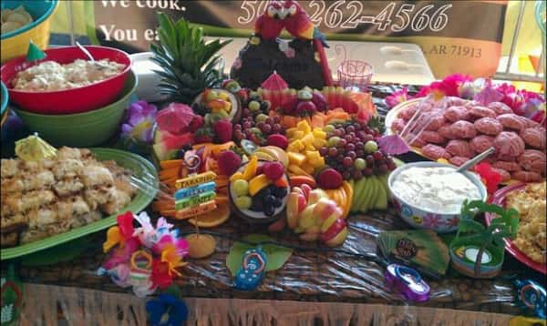 Hawaiian theme decorated fruits on a buffet