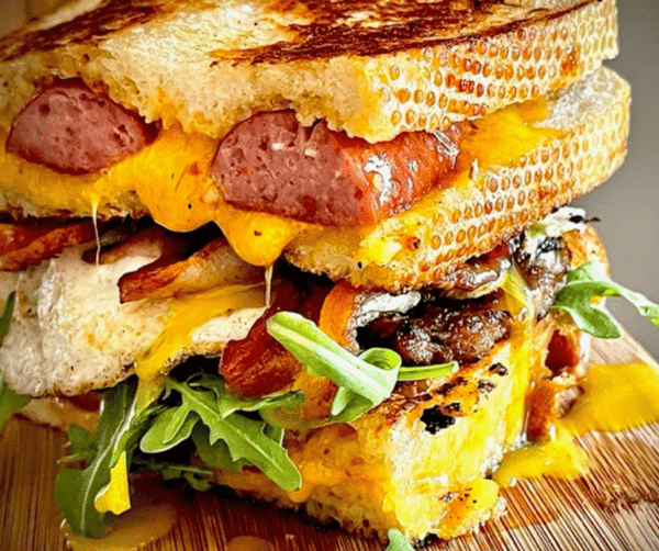 A hearty breakfast sandwich from The Hungry Deckhand featuring toasted bread, savory sausage, melted golden cheese, bacon, and fresh green arugula.
