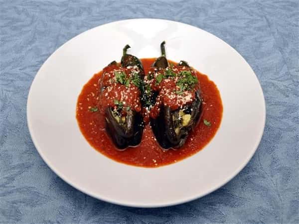 stuffed plantains with red sauce