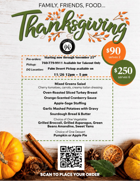 Flyer for 2026 Thanksgiving pre-order at Palm Desert Location