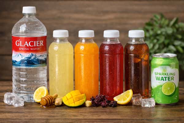 Ginger drinks, sweet tea, sparkling and bottled water