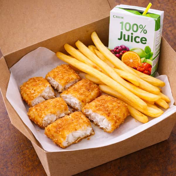 kids fish nuggets with fries, juice or water