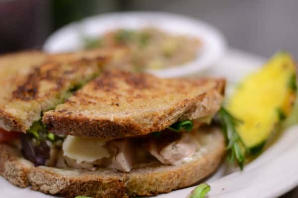 Dearborn ham sandwich. Dearborn ham with cherry preserves, cheddar cheese, herbed mayo, red onions & spinach.