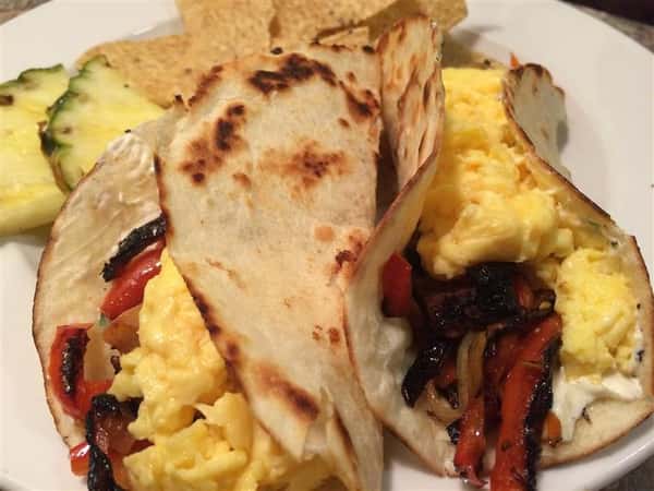 Scrambled eggs, fire roasted red peppers in crispy shell