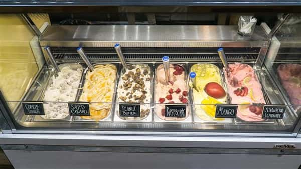 a view of the ice cream selections each with scoopers in each bin