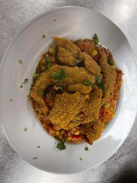 fried fish dish on a white plate