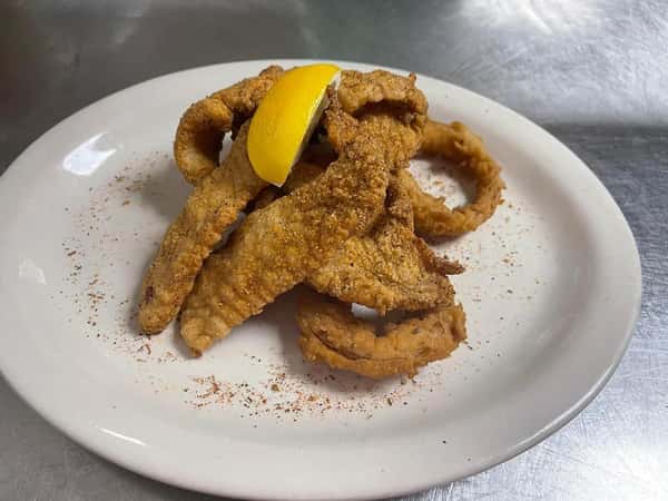 fried fish platter with onion rings
