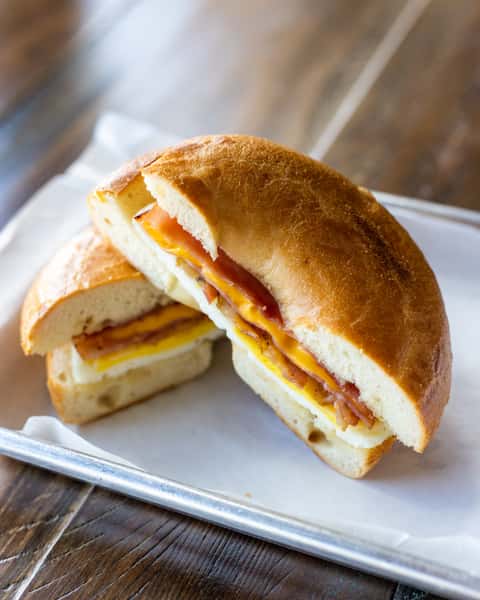Ham, Bacon, Egg & Cheese Bagel Sandwich