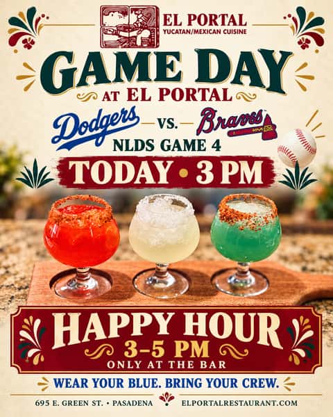 Let’s go, Dodgers! ⚾️💙

Watch the Dodgers vs. Braves with us today at 3 PM!
Happy Hour is 3–5 PM—only at the bar. 🍹

Wear your blue, bring your friends, and cheer with us at El Portal!

#ElPortalPasadena #Dodgers #DodgersPlayoffs #HappyHour #PasadenaDining